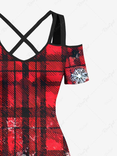Gothic Plus Size Christmas Hat Skull Snowflake Gift Plaid Ripped Print Cold Shoulder Crisscross A Line Maxi Dress