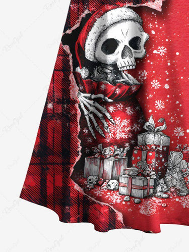 Gothic Plus Size Christmas Hat Skull Snowflake Gift Plaid Ripped Print Cold Shoulder Crisscross A Line Maxi Dress