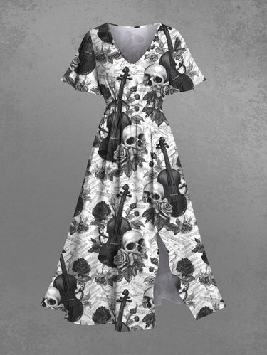 Gothic Plus Size Skull Rose Flower Guitar Print Split Pocket A Line Midi Dress
