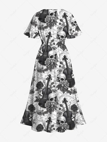 Gothic Plus Size Skull Rose Flower Guitar Print Split Pocket A Line Midi Dress