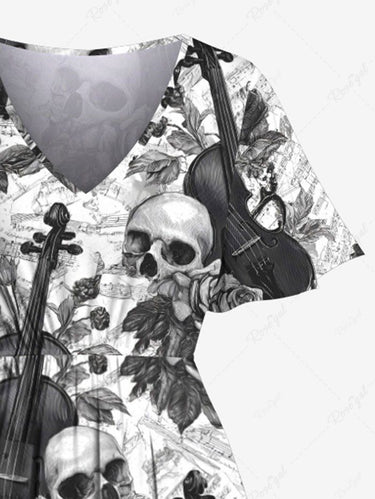 Gothic Plus Size Skull Rose Flower Guitar Print Split Pocket A Line Midi Dress