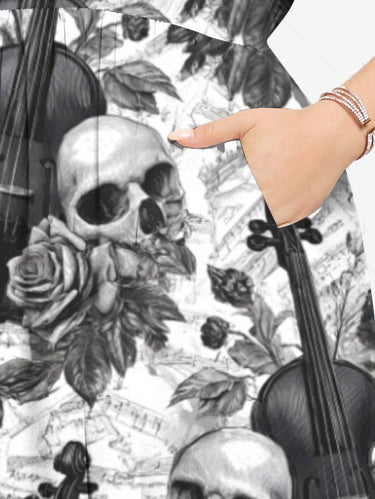 Gothic Plus Size Skull Rose Flower Guitar Print Split Pocket A Line Midi Dress