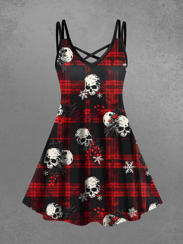 Gothic Plus Size Christmas Snowflake Plaid Skull Print Crisscross Strappy A Line Cami Dress