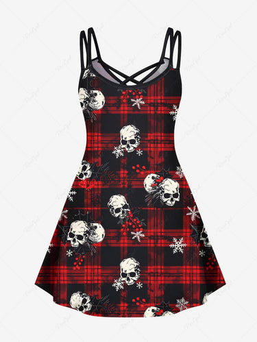 Gothic Plus Size Christmas Snowflake Plaid Skull Print Crisscross Strappy A Line Cami Dress