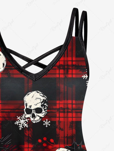Gothic Plus Size Christmas Snowflake Plaid Skull Print Crisscross Strappy A Line Cami Dress