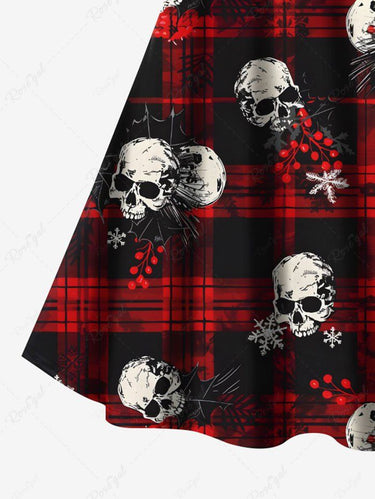 Gothic Plus Size Christmas Snowflake Plaid Skull Print Crisscross Strappy A Line Cami Dress