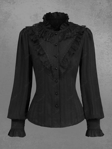 Gothic 100% Cotton Ruffles Collar Lace Trim Full Buttons Long Sleeves Blouse