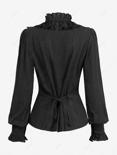 Gothic 100% Cotton Ruffles Collar Lace Trim Full Buttons Long Sleeves Blouse
