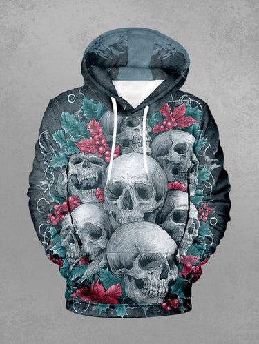 Gothic Plus Size Christmas Holly Leaf Skull Print Pullover Long Sleeves Hoodie For Men