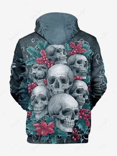 Gothic Plus Size Christmas Holly Leaf Skull Print Pullover Long Sleeves Hoodie For Men