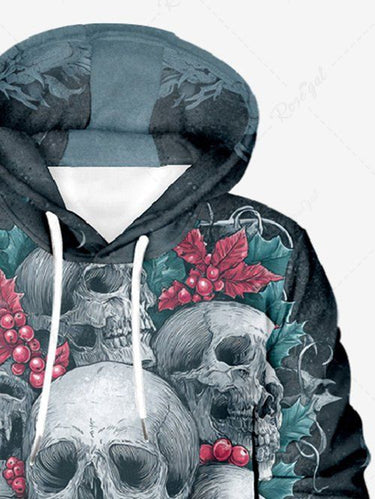 Gothic Plus Size Christmas Holly Leaf Skull Print Pullover Long Sleeves Hoodie For Men