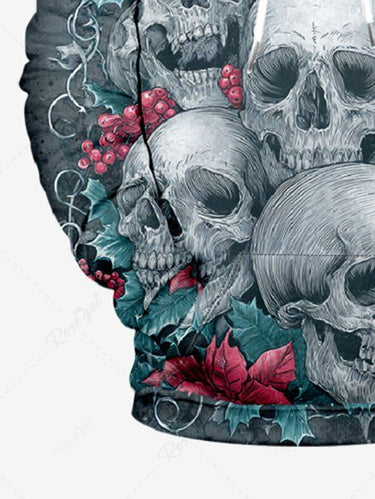 Gothic Plus Size Christmas Holly Leaf Skull Print Pullover Long Sleeves Hoodie For Men