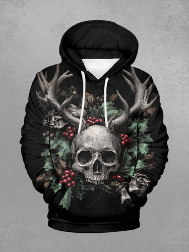 Gothic Plus Size Christmas Holly Leaf Skull Elk Print Pullover Long Sleeves Hoodie For Men