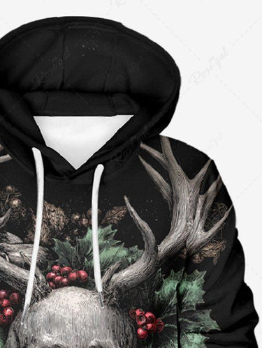 Gothic Plus Size Christmas Holly Leaf Skull Elk Print Pullover Long Sleeves Hoodie For Men