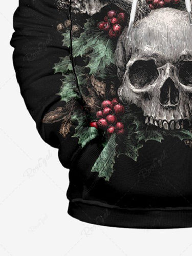 Gothic Plus Size Christmas Holly Leaf Skull Elk Print Pullover Long Sleeves Hoodie For Men