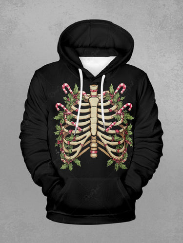 Gothic Plus Size Christmas Holly Leaf Candy Skeleton Print Pullover Long Sleeves Hoodie For Men