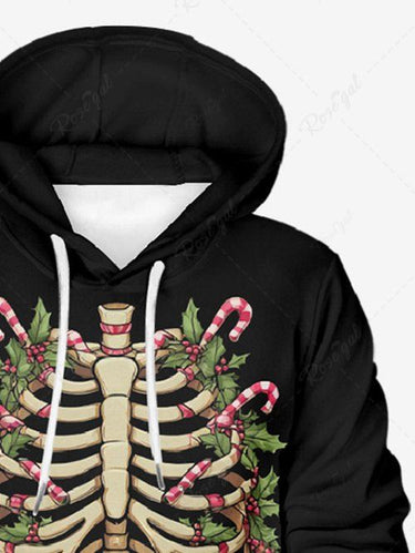 Gothic Plus Size Christmas Holly Leaf Candy Skeleton Print Pullover Long Sleeves Hoodie For Men