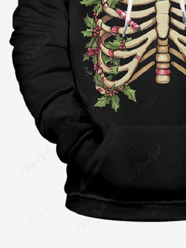 Gothic Plus Size Christmas Holly Leaf Candy Skeleton Print Pullover Long Sleeves Hoodie For Men