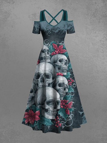 Gothic Plus Size Christmas Holly Leaf Skull Print Cold Shoulder Crisscross A Line Maxi Dress