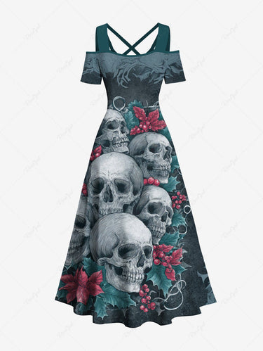 Gothic Plus Size Christmas Holly Leaf Skull Print Cold Shoulder Crisscross A Line Maxi Dress