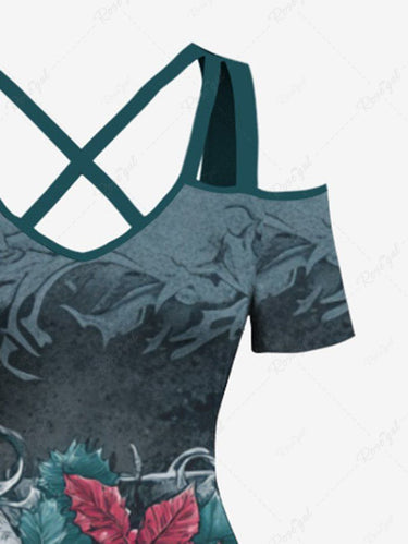 Gothic Plus Size Christmas Holly Leaf Skull Print Cold Shoulder Crisscross A Line Maxi Dress