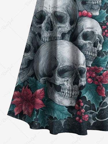 Gothic Plus Size Christmas Holly Leaf Skull Print Cold Shoulder Crisscross A Line Maxi Dress