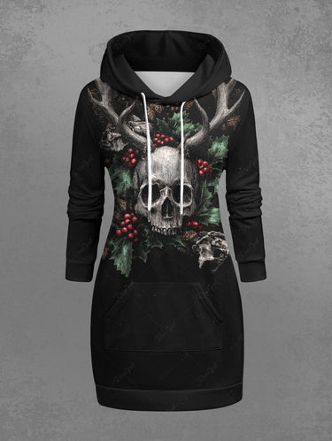 Gothic Plus Size Christmas Holly Leaf Skull Elk Print Pullover Long Sleeves Hoodie