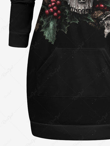 Gothic Plus Size Christmas Holly Leaf Skull Elk Print Pullover Long Sleeves Hoodie