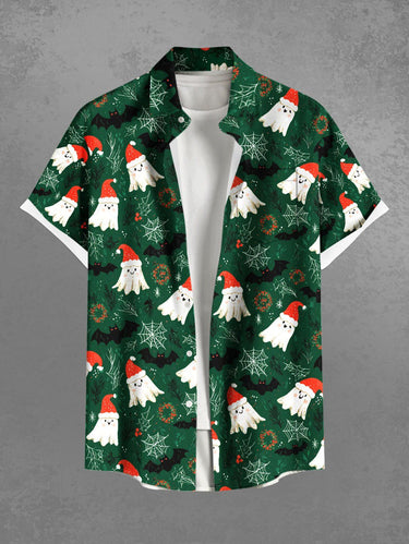 Gothic Plus Size Christmas Hat Ghost Spider Web Print Button Pocket Shirt For Men