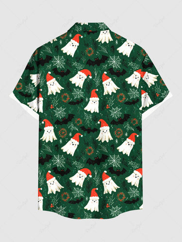 Gothic Plus Size Christmas Hat Ghost Spider Web Print Button Pocket Shirt For Men