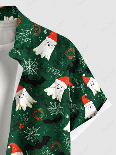Gothic Plus Size Christmas Hat Ghost Spider Web Print Button Pocket Shirt For Men