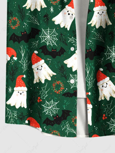 Gothic Plus Size Christmas Hat Ghost Spider Web Print Button Pocket Shirt For Men