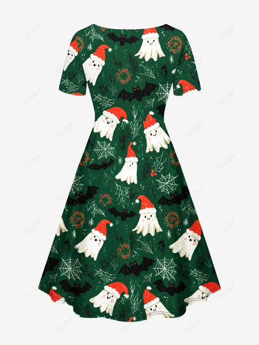 Gothic Plus Size Christmas Hat Ghost Spider Web Print Cinched A Line Dress