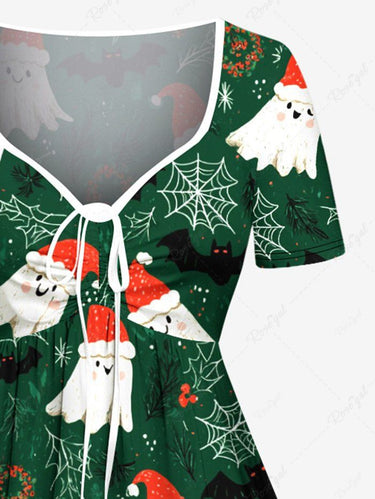 Gothic Plus Size Christmas Hat Ghost Spider Web Print Cinched A Line Dress
