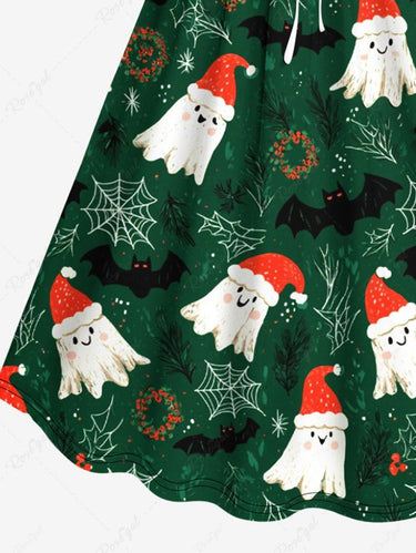Gothic Plus Size Christmas Hat Ghost Spider Web Print Cinched A Line Dress