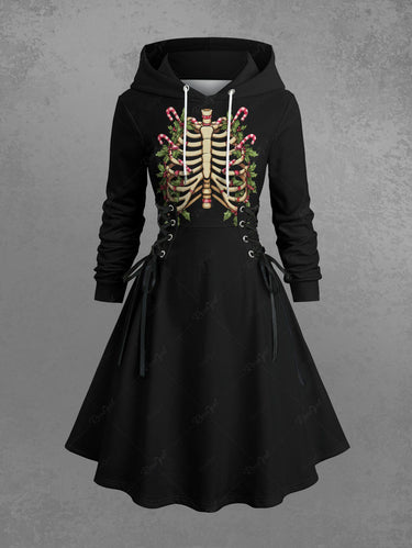 Gothic Plus Size Christmas Holly Leaf Candy Skeleton Print Lace Up Hooded A Line Dress
