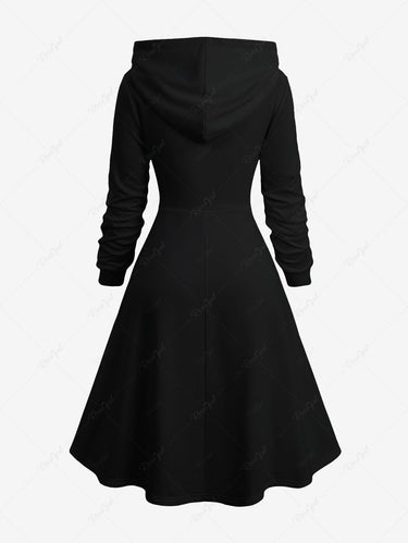 Gothic Plus Size Christmas Holly Leaf Candy Skeleton Print Lace Up Hooded A Line Dress