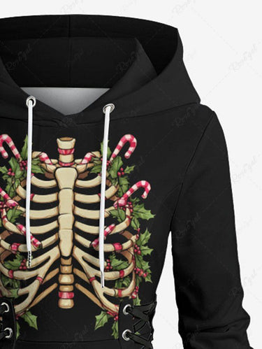 Gothic Plus Size Christmas Holly Leaf Candy Skeleton Print Lace Up Hooded A Line Dress