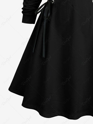 Gothic Plus Size Christmas Holly Leaf Candy Skeleton Print Lace Up Hooded A Line Dress