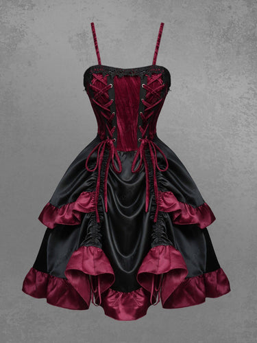 Gothic Lace Up Cinched Ruffles Layered A Line Dress