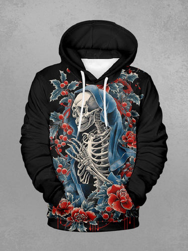 Gothic Plus Size Christmas Leaf Holly Flower Skeleton Print Pullover Long Sleeves Hoodie For Men