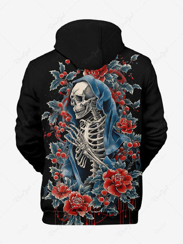 Gothic Plus Size Christmas Leaf Holly Flower Skeleton Print Pullover Long Sleeves Hoodie For Men