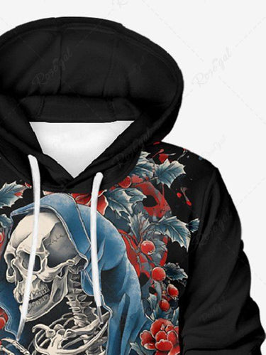 Gothic Plus Size Christmas Leaf Holly Flower Skeleton Print Pullover Long Sleeves Hoodie For Men