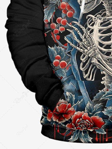 Gothic Plus Size Christmas Leaf Holly Flower Skeleton Print Pullover Long Sleeves Hoodie For Men
