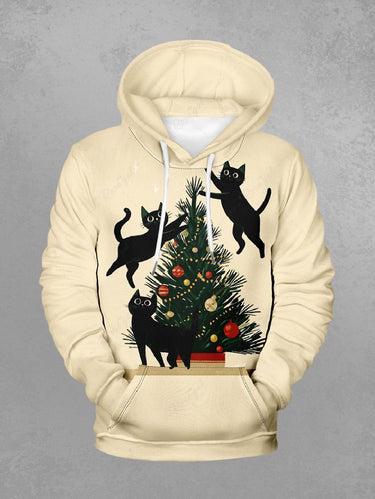 Gothic Plus Size Christmas Tree Ball Cat Print Pullover Long Sleeves Hoodie For Men