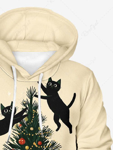 Gothic Plus Size Christmas Tree Ball Cat Print Pullover Long Sleeves Hoodie For Men