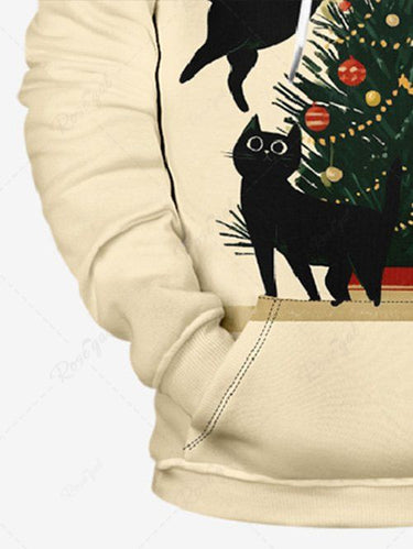 Gothic Plus Size Christmas Tree Ball Cat Print Pullover Long Sleeves Hoodie For Men