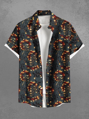 Gothic Plus Size Christmas Light Wreath Skull Skeleton Print Button Pocket Shirt For Men