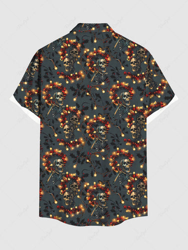 Gothic Plus Size Christmas Light Wreath Skull Skeleton Print Button Pocket Shirt For Men