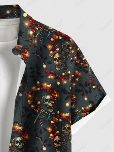 Gothic Plus Size Christmas Light Wreath Skull Skeleton Print Button Pocket Shirt For Men